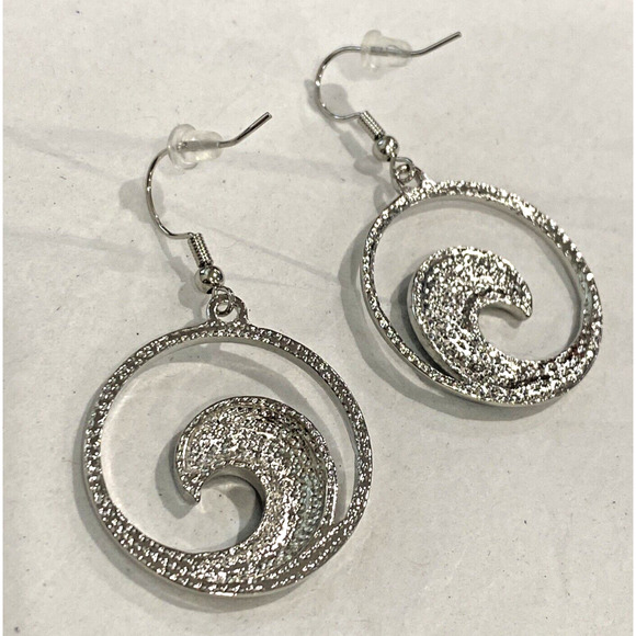 Silvertone pierced earrings drop dangle hoops blue white crystal rhinestone wave - Picture 4 of 6